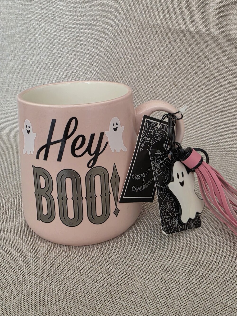 Pink "Hey Boo" Halloween Mug with Ghost Charm